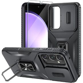 Compatible with Samsung Galaxy S24 FE 5G Case with Slide Camera Cover+Screen Protector+Metal Rotated Kickstand,Tough Hybrid Heavy Duty Shockproof Protective Phone Cover,2024 Black