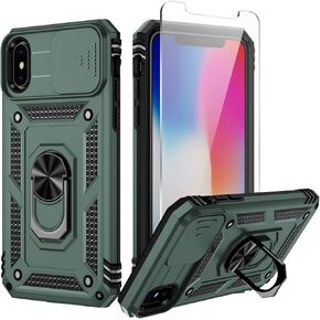Weycolor for iPhone X Case, iPhone Xs Case with Camera Lens Cover, HD Screen Protector, 10 FT Military Grade Drop Protection, Magnetic Ring Holder Kickstand Phone Case for iPhone X/Xs（Pine Green）