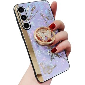 Galaxy S23 Kickstand Case, Cute Marble Conch Shell Floral Butterfly with Ring Elegant Diamond Rhinestone Shockproof Protective Cover for Girls Women for Samsung Galaxy S23 2023 (Purple)