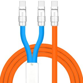 chubbycable 2 in 1 100W Charge Cable Durable Fast Multi Charging Cable Ultra-Thick Silicone Universal Multiple USB Cable, Blue, Type-C to Type-C+Type-C, 4.2FT