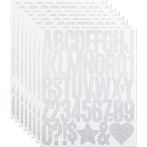2 Inch Letter Stickers, 376 Pieces Shiny Self Adhesive Alphabet Number Sticker for Mailbox, Door, Truck and Outdoor, Waterproof Sticky Vinyl Symbol Stickers for DIY(8 Sheet Silver,Glitter)