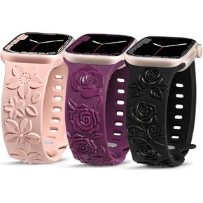 TOYOUTHS 3-Pack Floral Engraved Band Compatible with Apple Watch Bands Women 38/40/41/42/44/45/46/49mm Soft Silicone Dressy Cute Rose Embossed Strap for iWatch Series 10/9/8/7/6/5/4/3/2/1/SE/Ultra