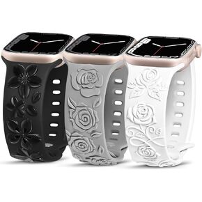 TOYOUTHS 3-Pack Floral Engraved Band Compatible with Apple Watch Bands Women 38/40/41/42/44/45/46/49mm Soft Silicone Dressy Cute Rose Embossed Strap for iWatch Series 10/9/8/7/6/5/4/3/2/1/SE/Ultra