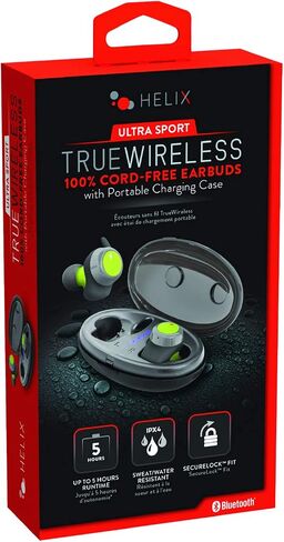 سماعات أذن Helix True Wireless Ultra Sport، سماعات أذن بلوتوث 5.0، صوت عالي الدقة، قفل آمن، مقاومة للماء IPX4، إقران تلقائي، تمرين، رياضة (مقاومة للماء/العرق) in Saudi Arabia