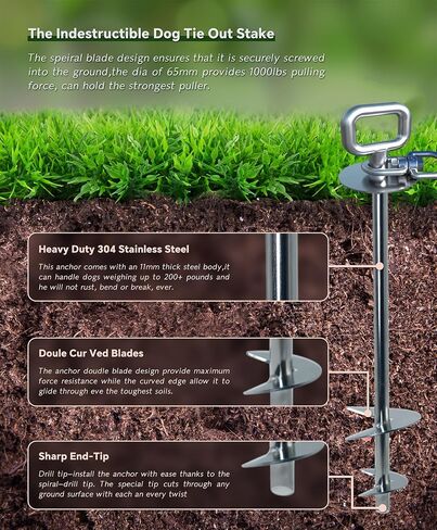 Dog Tie Out Stake,Heavy Duty Dog Runner for Yard,360°Swivel 304 Stainless Steel Dog Run Anchor- Use Any Dog Tie Out Cable or Yard Leash Chains,Outside Dog Stake for Large Dogs up to 200 LBS in Saudi Arabia