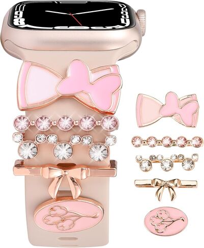 Cartoon Watch Band Charms Compatible with iWatch Series 8 7 6 5 4 3 2 1 All Models Women Cute Decorative Ring Loops Smart Watch Accessories Set Diamond Jewelry Gifts for Women(No Band) in Saudi Arabia