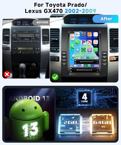 8 CORE 2G+64G Car Radio Stereo for Toyota Prado/for Lexus GX470 2002-2009 with Wireless CarPlay Android Auto, 9.7 Inch 1280 * 720P IPS Touch Screen Android 13 GPS WiFi Bluetooth 32-Band DSP Camera in Saudi Arabia