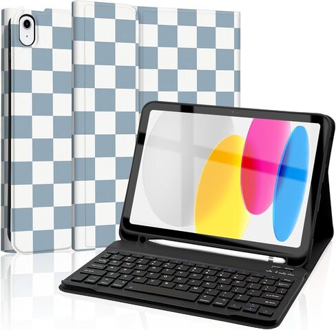 Keyboard Case for iPad 10th Generation 10.9 Inch with Pencil Holder, Detachable Backlights LED Wireless Keyboard Cover, Soft TPU Back Shell, Checkered Plaid Blue-Light Blue in Kuwait