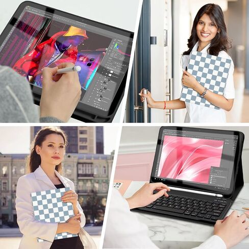 Keyboard Case for iPad 10th Generation 10.9 Inch with Pencil Holder, Detachable Backlights LED Wireless Keyboard Cover, Soft TPU Back Shell, Checkered Plaid Blue-Light Blue in Kuwait