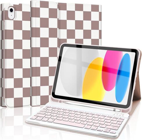 Keyboard Case for iPad 10th Generation 10.9 Inch with Pencil Holder, Detachable Backlights LED Wireless Keyboard Cover, Soft TPU Back Shell, Checkered Plaid Blue-Light Blue in Kuwait