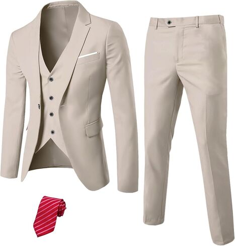 MY'S Men's 3 Piece Slim Fit Suit, One Button Jacket Blazer Vest Pants Set and Tie in Kuwait