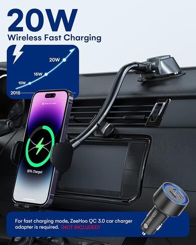 شاحن سيارة لاسلكي، ZEEHOO 20 وات للشحن السريع، حامل فتحة تهوية السيارة التلقائي، حامل شاحن هاتف السيارة اللاسلكي لهاتف iPhone 15 14 13 12 11، Samsung Galaxy S23 Ultra S22، LG، Pixel، إلخ in Kuwait