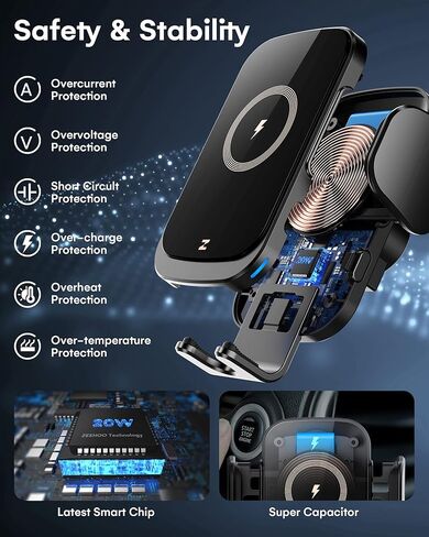 شاحن سيارة لاسلكي، ZEEHOO 20 وات للشحن السريع، حامل فتحة تهوية السيارة التلقائي، حامل شاحن هاتف السيارة اللاسلكي لهاتف iPhone 15 14 13 12 11، Samsung Galaxy S23 Ultra S22، LG، Pixel، إلخ in Kuwait