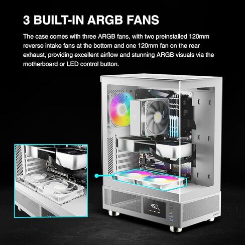 GAMDIAS White ATX Mid Tower Computer Case with Tempered Glass, Gaming PC Case w/Temperature Display & 3X 120mm ARGB Fans, Support Up to 5X Fans, 240mm AIO/Radiator, 340mm GPU/VGA, 160mm CPU Cooler in Saudi Arabia