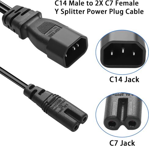 JSADZKJJSADZKJ C14 to Dual C7 Y Splitter Power Cord C14 Plug to C7+C7 Socket Power Adapter Cable 1 in 2 Out AC Power Cord 110V-250V 2.5A-10A for LED TV Monitor Cameras 30 cm/1 ft in Saudi Arabia