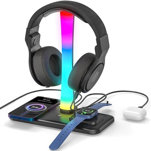 حامل سماعة رأس RGB مع شاحن لاسلكي 15 وات، محطة شحن حامل سماعة الألعاب 3 في 1 للمكتب لأجهزة AirPods Max/Pro/4/3/2 iWatch 10/9/8/7/6/5/4/3/2/1/ SE آيفون 16/15/14/13/12/11/X in Kuwait