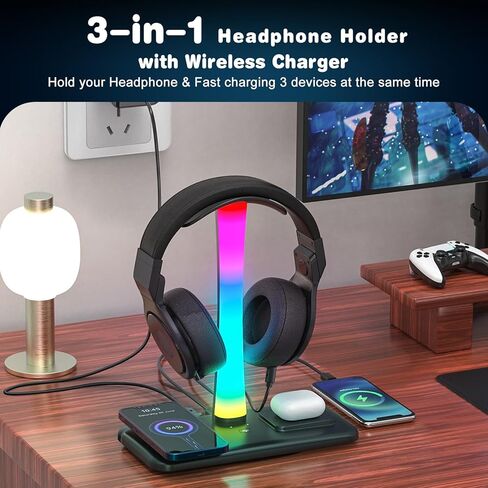 حامل سماعة رأس RGB مع شاحن لاسلكي 15 وات، محطة شحن حامل سماعة الألعاب 3 في 1 للمكتب لأجهزة AirPods Max/Pro/4/3/2 iWatch 10/9/8/7/6/5/4/3/2/1/ SE آيفون 16/15/14/13/12/11/X in Kuwait