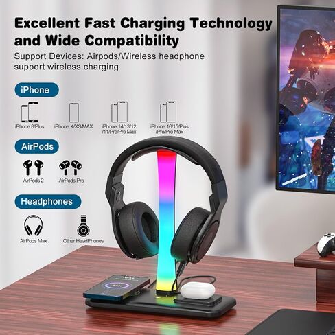 حامل سماعة رأس RGB مع شاحن لاسلكي 15 وات، محطة شحن حامل سماعة الألعاب 3 في 1 للمكتب لأجهزة AirPods Max/Pro/4/3/2 iWatch 10/9/8/7/6/5/4/3/2/1/ SE آيفون 16/15/14/13/12/11/X in Kuwait