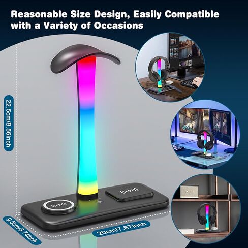 حامل سماعة رأس RGB مع شاحن لاسلكي 15 وات، محطة شحن حامل سماعة الألعاب 3 في 1 للمكتب لأجهزة AirPods Max/Pro/4/3/2 iWatch 10/9/8/7/6/5/4/3/2/1/ SE آيفون 16/15/14/13/12/11/X in Kuwait