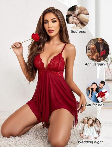 ملابس داخلية نسائية من Avidlove ذات إغلاق أمامي من الدانتيل بيبي دول ورقبة على شكل حرف V ملابس نوم مثيرة قميص نوم in Kuwait
