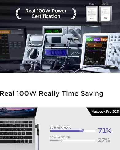 كابل AINOPE 100 واط USB C إلى USB C [عبوة من قطعتين بطول 10 أقدام]، كابل USB C السمين، كابل USBC إلى USBC كابل شحن سريع من النوع C يناسب iPhone 15، MacBook Air/Pro، iPad Pro M4، Samsung Galaxy S24/A، Pixel 7 in Kuwait