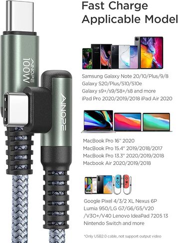 كابل AINOPE 100 واط USB C إلى USB C [عبوة من قطعتين بطول 10 أقدام]، كابل USB C السمين، كابل USBC إلى USBC كابل شحن سريع من النوع C يناسب iPhone 15، MacBook Air/Pro، iPad Pro M4، Samsung Galaxy S24/A، Pixel 7 in Kuwait