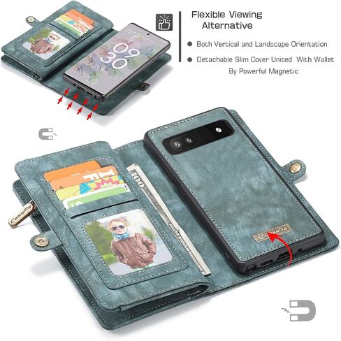 JGY Google Pixel 8A Leather Wallet case,Pixel 8A Detachable Magnetic case with Zipper Pocket Card Holder Pixel 8A Full Cover Shockproof Detachable Wallet case for Women Men (Blue) in Saudi Arabia