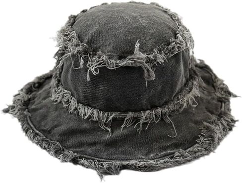 Frayed Bucket Hat Unisex Trendy Washed Denim Bucket Cap Distressed Jean Fisherman Cap Travel Floppy Boonie Sun Hats in Kuwait