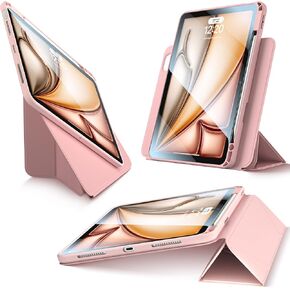 Case for iPad Air 11 Inch M2 iPad Air 5th/4th Gen 10.9 Inch Shockproof Case with Pencil Holder Removable Magnetic Cover, Adjustable Portrait/Landscape Stand 360 Degree Rotating Stand Cover Pink
