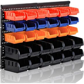MULSAME Garage Storage Bins With Pegboard, Wall Mounted Parts Rack with 30PCS Bins Organizer, Stackable Garage Plastic Shop Tool, Garage Organizers for Nuts, Screws, Nails, Beads, Bolts Storage