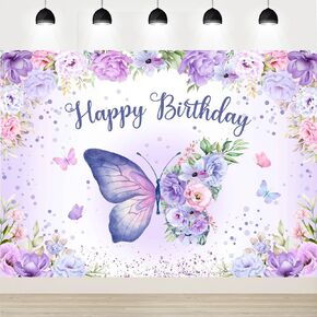 Butterfly Happy Birthday Backdrop Purple Butterfly Birthday Backdrop Purple Butterfly Birthday Party Backdrop Flowers Butterfly Birthday Decor Banner for Girls Birthday Photography Background 7x5Ft