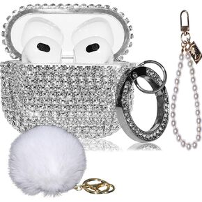 4in1 Bling AirPod 3 Case Diamonds Cover Set Kit, Luxurious Rhinestone PC for AirPods 3rd Generation Case Accessories for Women Girl w/Cute Fur Ball Pompom Keychain/Crystal Bracelet/Lobster Clasp