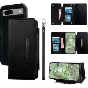 Trifold Wallet Case for Google Pixel 8A 5G with Detachable Magnetic Folio Purse Wrist Strap Card Holder, Luxury PU Leather Stand Accessories Cell Phone Cover for Pixel8A A8 Women Men Black