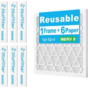 14x24x1 MERV 8 Air Filter, 6 Pack Replaceable Pleated Air Filter Media with 1 Foldable ABS Plastic Frame, Reusable HVAC AC Furnace Air Filters(Actual Size:13.74"x23.74"x0.75")