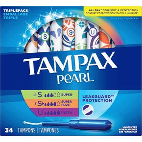 Tampax Pearl Tampons Multi Pack, Super/Super Plus/Ultra Absorbency with BPA-Free Plastic Applicator and LeakGuard Braid, Unscented, 34 Count x 3 Packs (102 count total)