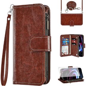 Asuwish Phone Case for Motorola Moto Edge 2022/MotoEdge 5G UW 2022 Wallet Cell Cover with Screen Protector Crossbody Strap Zipper Card Holder Slot Stand Gen 3 XT2205-1 XT2205-2 6.6 Women Girls Brown
