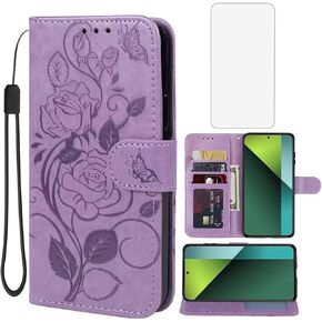 Case for Redmi Note 13 Pro 5G Case, Poco X6 5G Wallet Case with Tempered Glass Screen Protector, Flower Leather Flip Credit Card Holder Stand Phone Cover for Xiaomi Redmi Note 13 Pro 5G Red