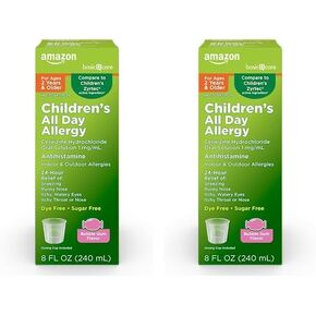 Amazon Basic Care Children’s 24 Hour Allergy Relief, Cetirizine Hydrochloride Oral Solution 1 mg/mL, Grape Flavor, Dye Free, 8 fl oz (Pack of 3)