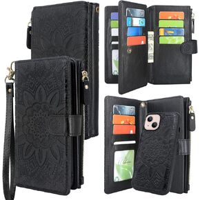 Harryshell Compatible with iPhone 14 6.1 inch/iPhone 13 6.1 inch 5G 2021 Wallet Case Detachable Magnetic Cover Zipper Cash Pocket Multi Card Slots Holder Wrist Strap Lanyard Floral Flower (Teal)