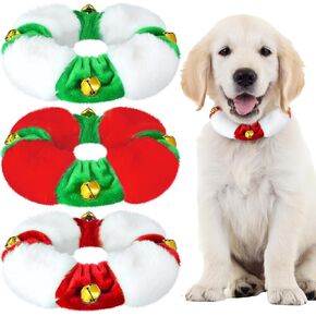 Abbylike 3 Pcs Christmas Plush Jingle Bell Dog Collar White Red Green Stretchable Festive Christmas Holiday Neckwear Elastic Christmas Dog Collar for Cat Dog Puppy Holiday Dress up Accessory (Large)