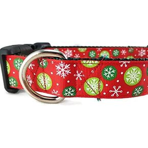Christmas Dog Collar, Caninedesign, Snowflakes, Red, Green, 1 inch Wide, Adjustable, Nylon, Medium and Large (Green Snowflakes, Medium 13-19")