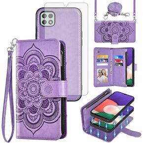 Asuwish Phone Case for Samsung Galaxy A22 5G Zipper Wallet Detachable Cell Cover with Tempered Glass Screen Protector Crossbody Strap Flower Flip Card Holder Slot A 22 22A A22s G5 Women Girls Purple in Saudi Arabia