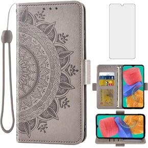 Asuwish Phone Case for Samsung Galaxy M33 5G Wallet Cover Tempered Glass Screen Protector Credit Card Holder Flip Purse Wrist Strap Stand Folio Lanyard Slot Cell Accessories 33M G5 Women Men Gray