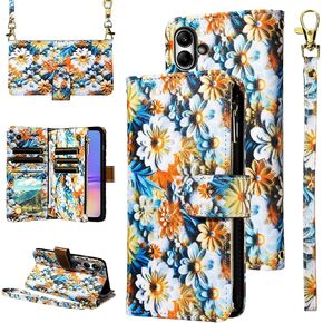 Wallet Case for Samsung Galaxy A04e with Detachable Wrist Strap Crossbody Shoulder Strap Flower Leather Zipper Purse Credit Card Holder Protector Stand Phone Cover AO4e A 04e Girls Black