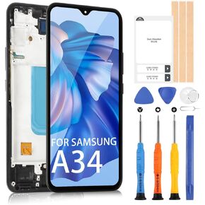 for Samsung Galaxy A34 Screen Replacement for Samsung A34 5G A346 LCD Display Digitizer A346E A346B A346M Screen Touch Assembly with Repair Tools(Black with Frame,Without Fingerprint)