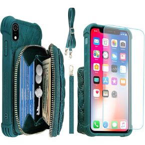 MONASAY Zipper Wallet Case for iPhone XR,[Glass Screen Protector ][RFID Blocking] Flip Leather Handbag Phone Cover with Card Holder & Detachable Crossbody Shoulder Lanyard Strap, Dark Blue