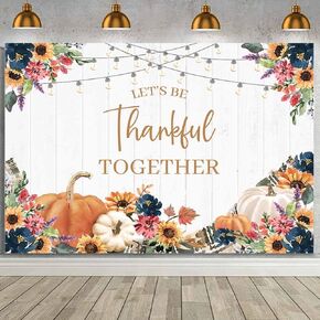 MEHOFOND 7x5ft Happy Thanksgiving Backdrop Let's be Thankful Together White Wood Plank Flower Photography Background Fall Pumpkin Sunflower Thanksgiving Day Party Decorations Banner Photo Studio Props