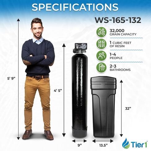 Tier1 Whole House Water Softener System Compact 32,000 Grain High Efficiency with Sediment Pre-filter | Pre-filled mineral tank with 1 cubic foot of Cation Resin | Home Water Filtration System in Saudi Arabia
