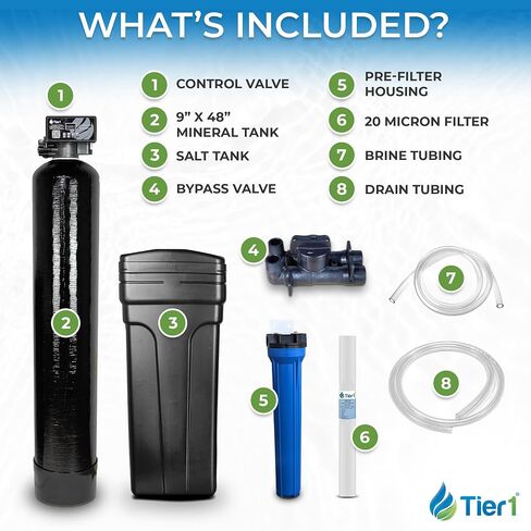 Tier1 Whole House Water Softener System Compact 32,000 Grain High Efficiency with Sediment Pre-filter | Pre-filled mineral tank with 1 cubic foot of Cation Resin | Home Water Filtration System in Saudi Arabia