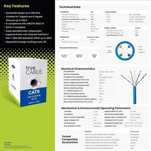 trueCABLE Cat6 Plenum (CMP)، 1000 قدم، أزرق، 23AWG 4 أزواج من النحاس الصلب، 550 ميجا هرتز، PoE++ (4PPoE)، ETL مدرج، زوج ملتوي غير محمي (UTP)، كابل إيثرنت بالجملة in Kuwait